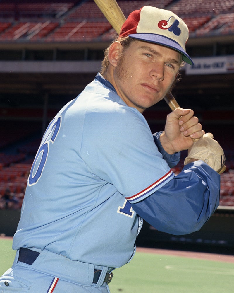 Posed batting portrait of Mike Jorgensen in Expos uniform